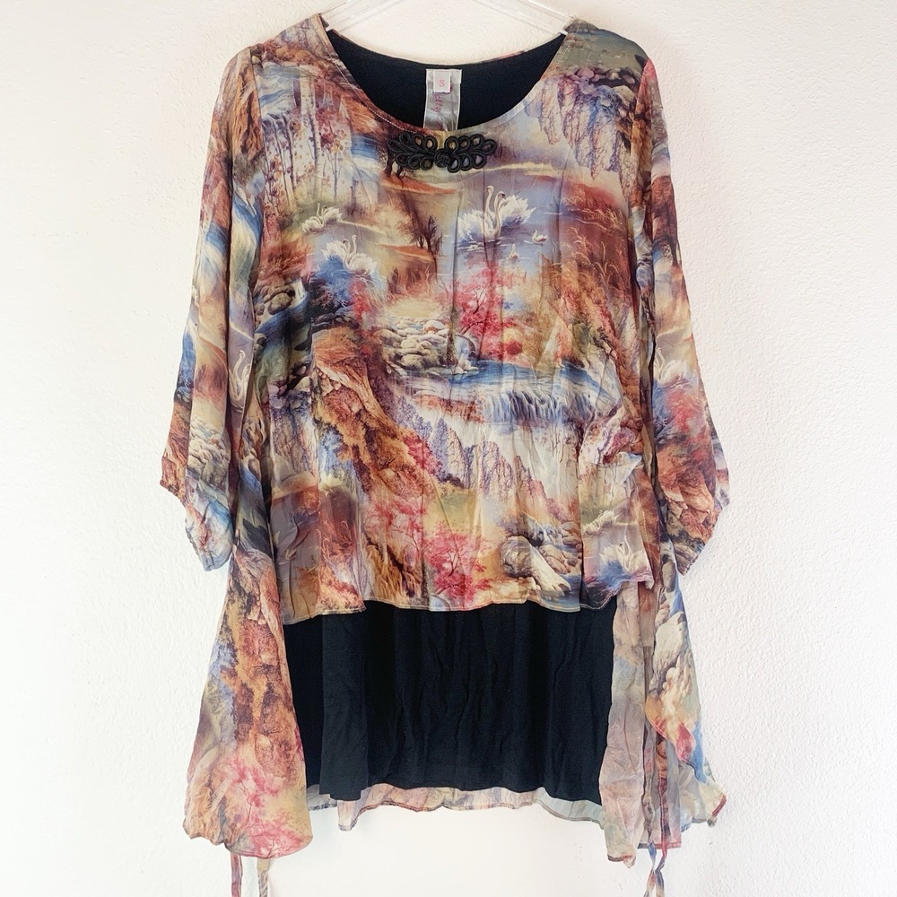 Pretty Angel Tunic Top Small Floral Swan Whimsical Boho Eclectic Indie‎ Artsy S
